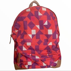 PEACOCKS Geo Print Zipper Backpack With Faux Leather Accents Red/Tan One Size